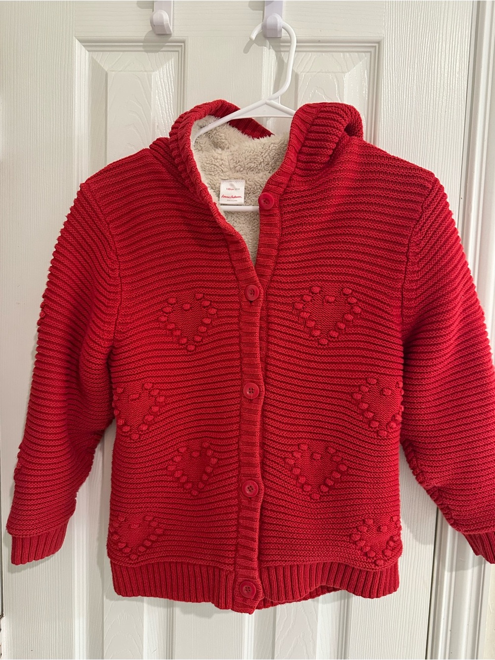 Hanna Andersson Cozy Red Knit Hooded Cardigan with Heart Pattern